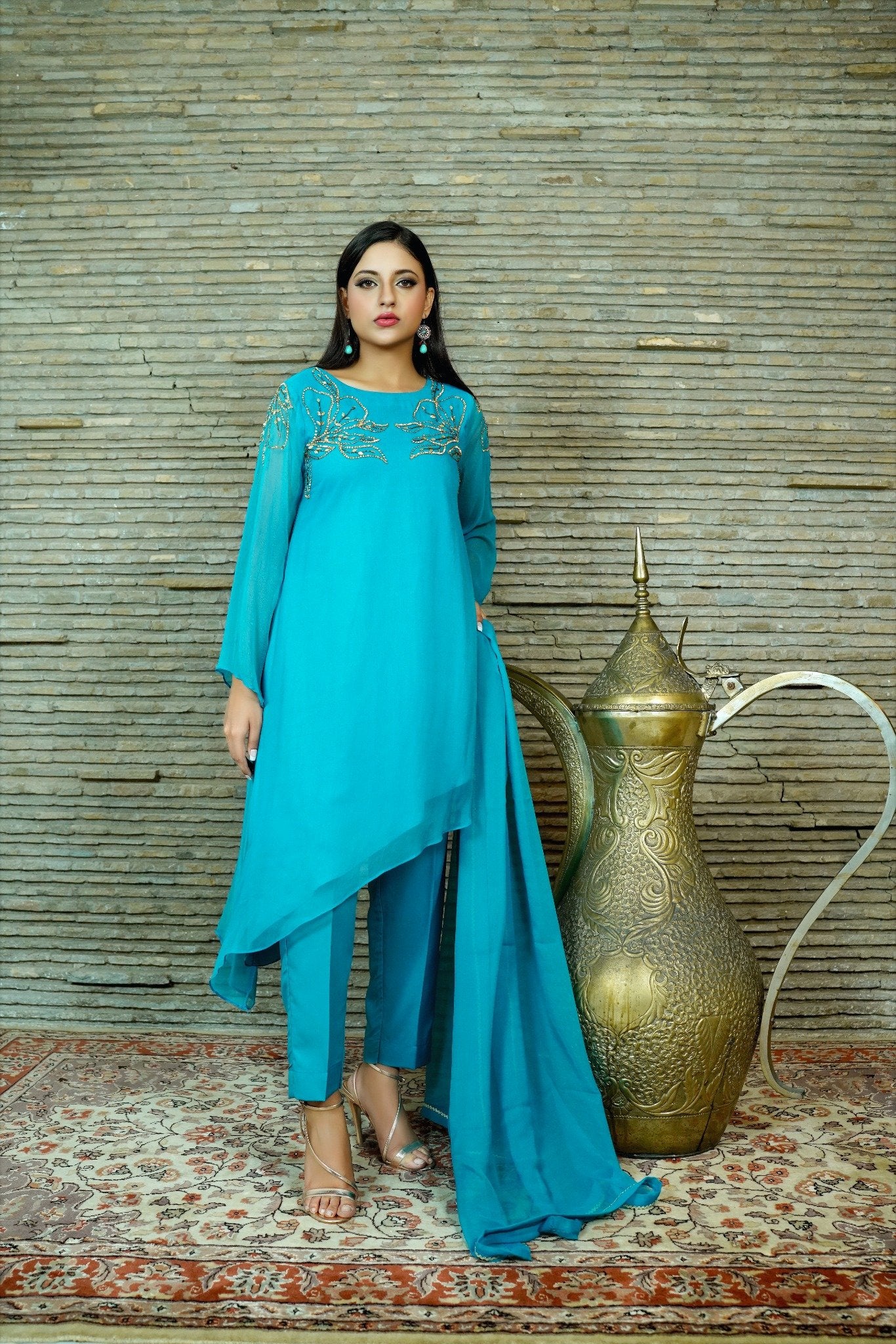 Cutting Corners - Blue Chiffon Gold Embroidered 03 PC Suit - CE20241014