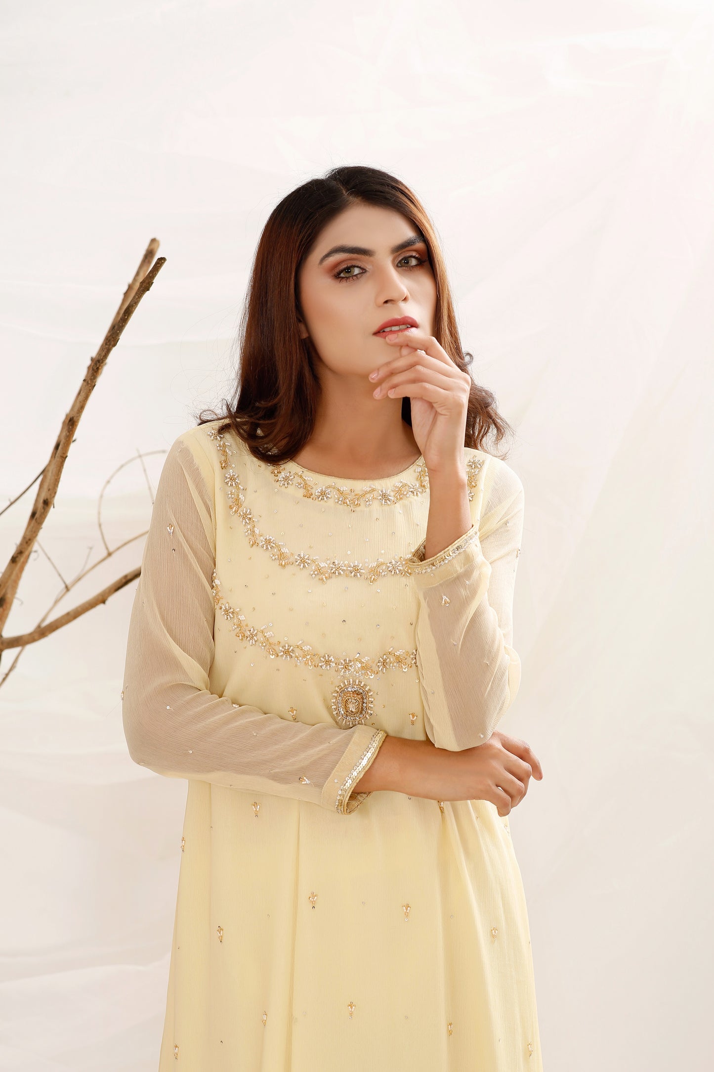 Gilded Chic- 2 PC Chiffon long Shirt and Crepe Trouser-CF90108423