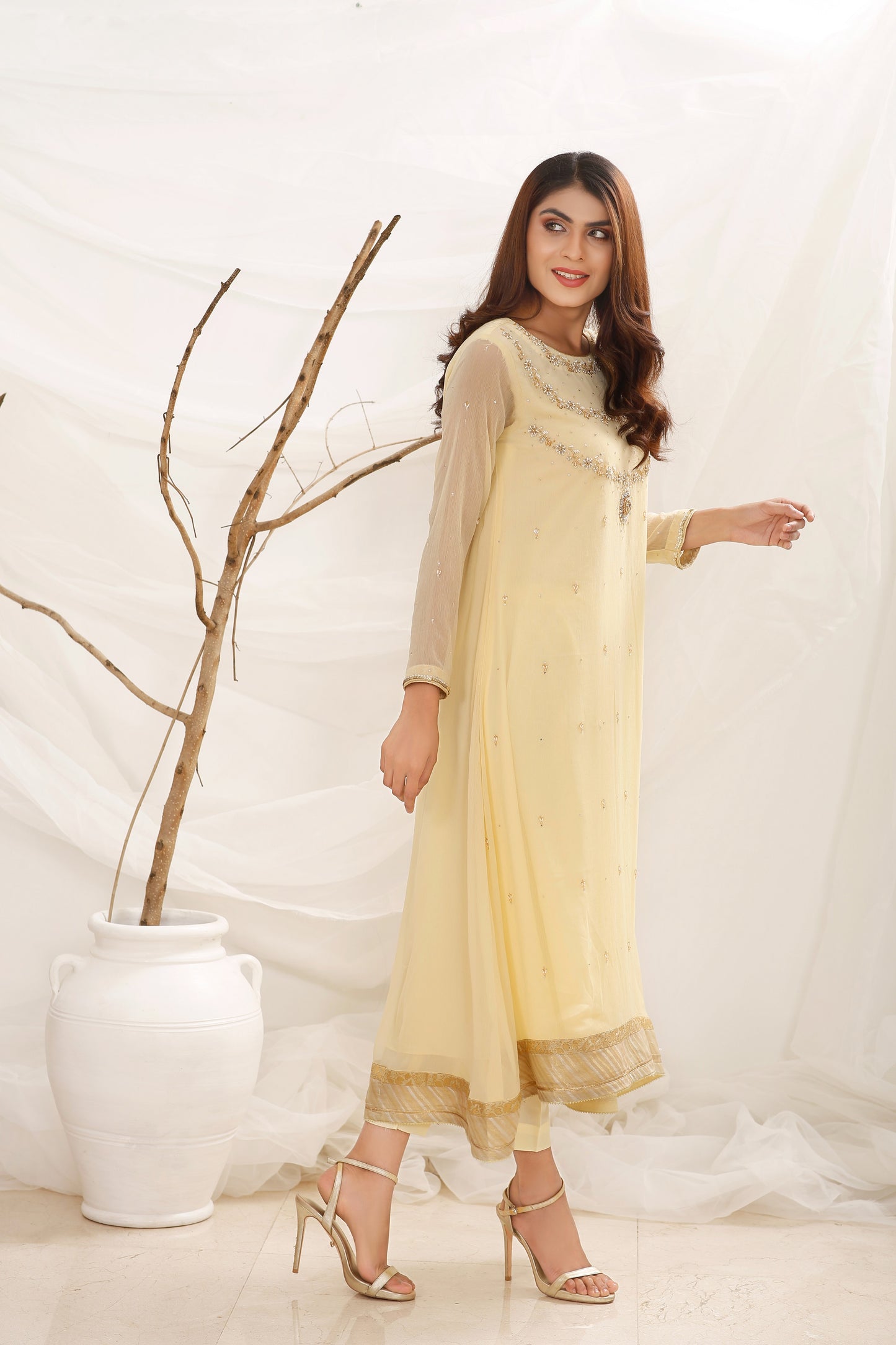 Gilded Chic- 2 PC Chiffon long Shirt and Crepe Trouser-CF90108423