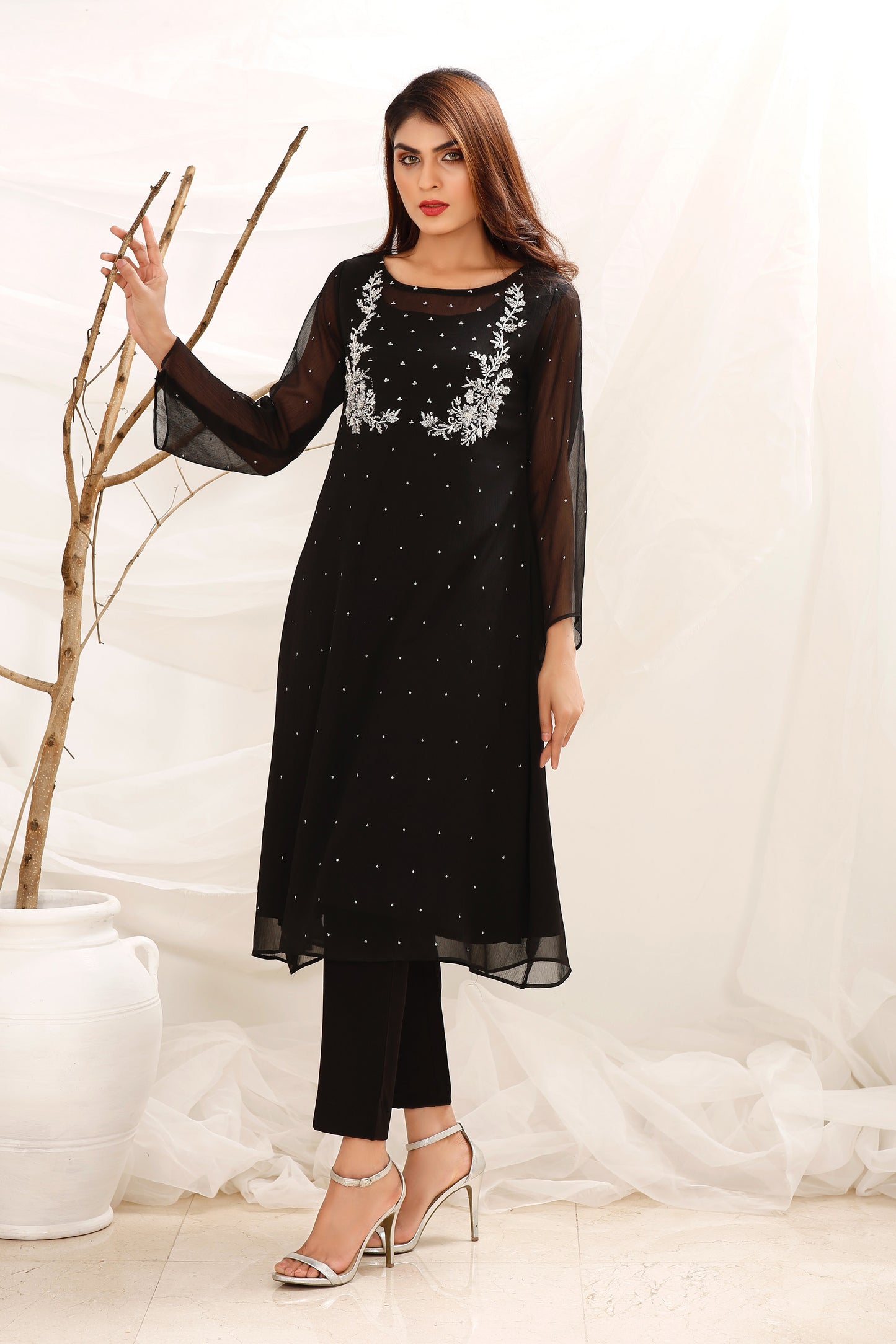 Midnight Gleam- 2 Piece Formal Chiffon Shirt & Crepe Trouser-CF8310123