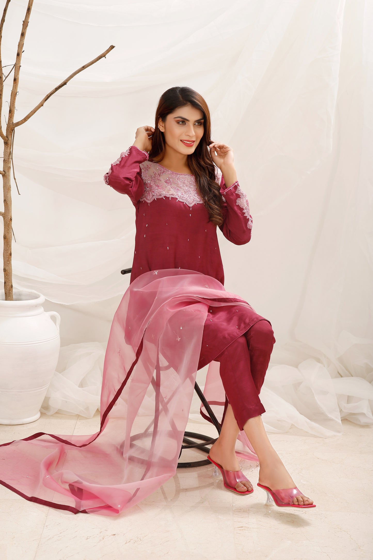 3 Piece Exclusive Magenta- Raw Silk with Organza Dupatta