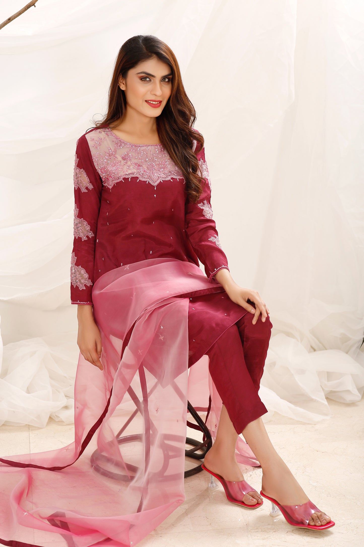 3 Piece Exclusive Magenta- Raw Silk with Organza Dupatta